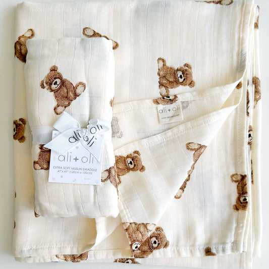 Bamboo Muslin Swaddle Blanket - Teddy Bear Print | 47x47 Organic Baby Swaddle