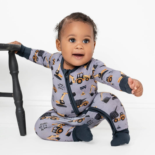Little Builder Baby Romper - Organic Bamboo Sleepwear with Zipper | Construction Theme