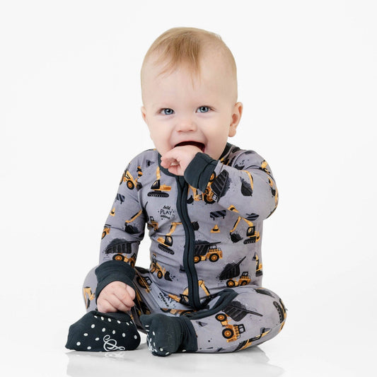 Little Builder Baby Romper - Organic Bamboo Sleepwear with Zipper | Construction Theme