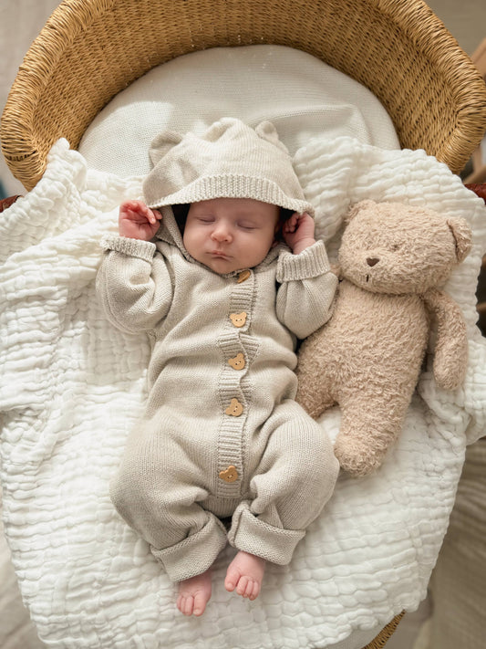 Organic Cotton Bear Cub Jumpsuit - Baby Hoodie Sleepwear with Ears