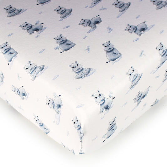 Cute Hippo organic cotton crib sheet detail