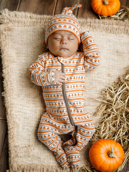 Organic Pumpkin Stripe Baby Zip Footie Pajamas | Fall Baby Outfit