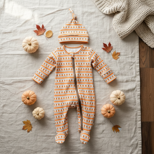 Organic Pumpkin Stripe Baby Zip Footie Lifestyle Flat Lay