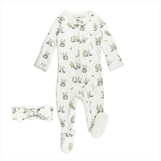 organic baby panda footie pajamas and matching headband gift set