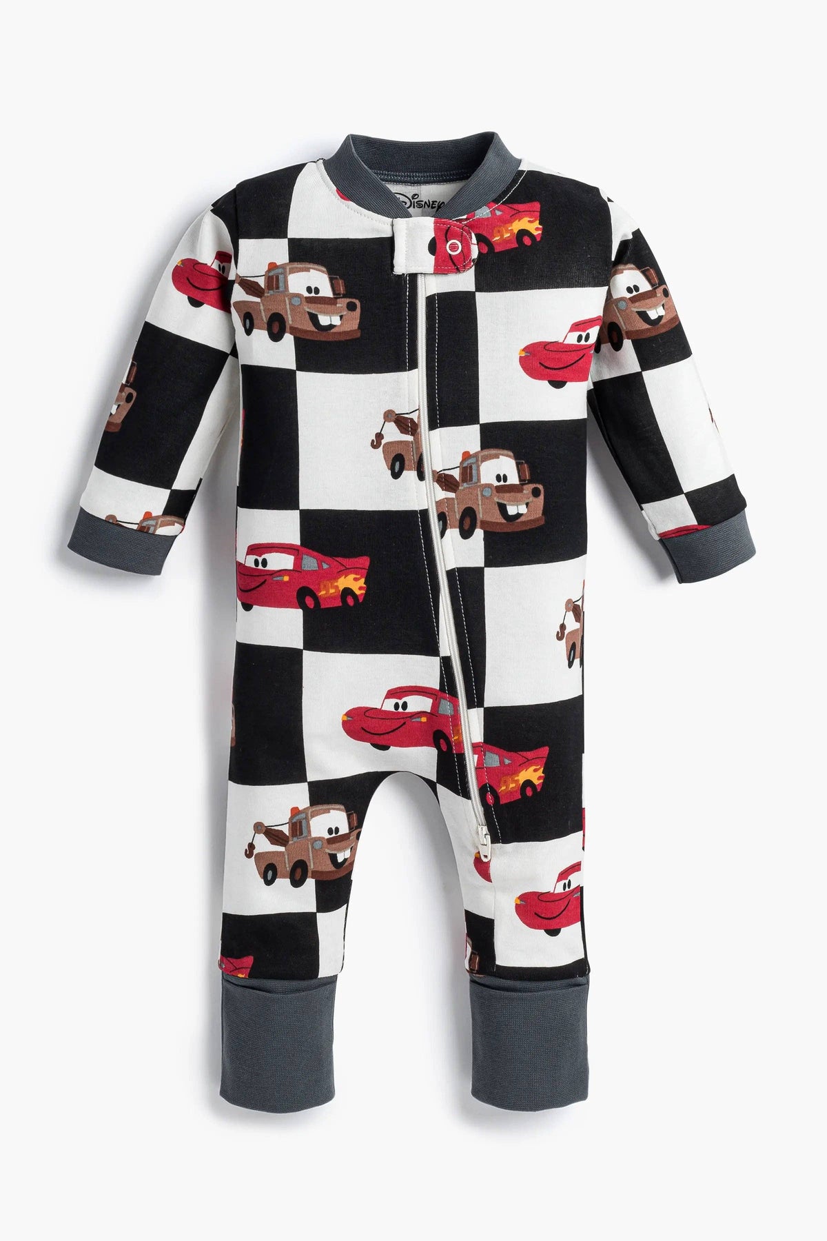 Children's onesie with car pattern on a white background