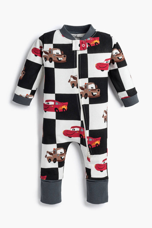 Children's onesie with car pattern on a white background