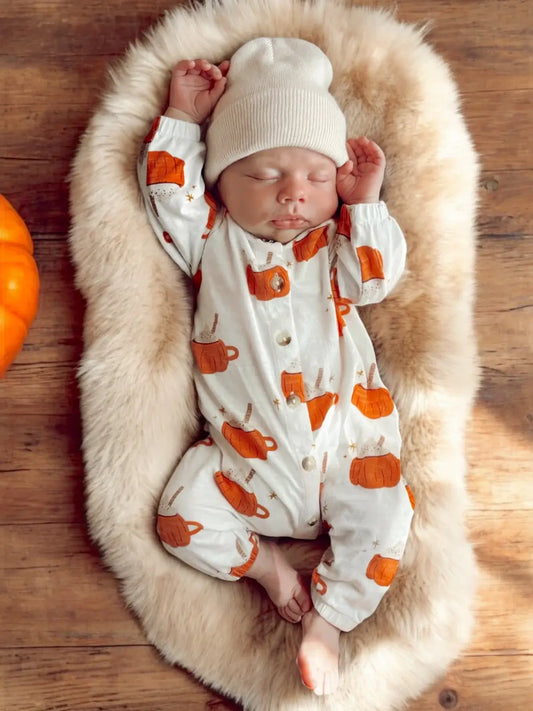 Organic Cotton Pumpkin Mug Baby Jumpsuit | Cozy Fall Baby Romper