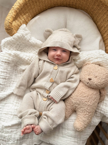 Organic Baby Clothes Bundle - Bear Jumpsuit & Pacifier Clips Gift Set for Newborns