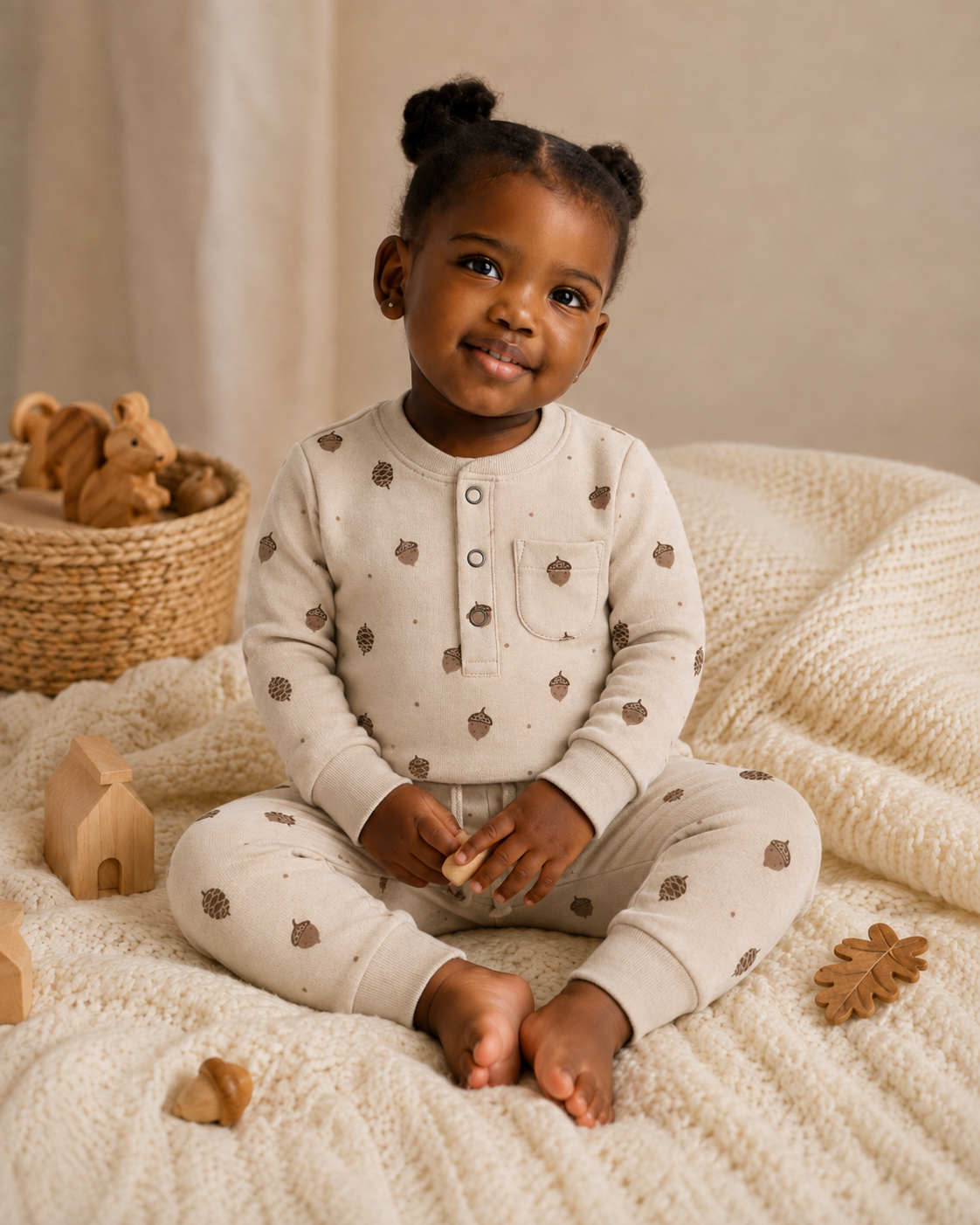 A toddler girl sits cross-legged on a cream knit blanket, wearing a matching long-sleeve henley pajama top and pants set in cream with brown acorn prints. The scene is styled with wooden toys and a basket of stuffed animals in the background.