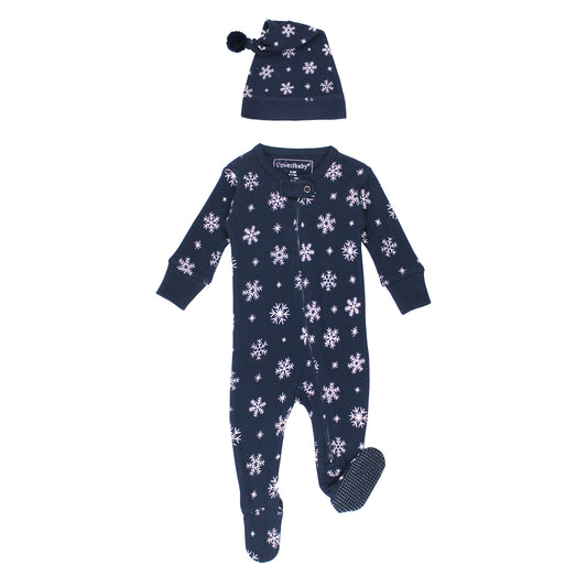 Christmas Baby Gift Set - Snowy Night Organic Footie, Cap & Blanket Bundle