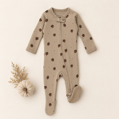 A baby footed sleeper in a warm beige color, decorated with a pattern of brown acorns and pinecones, laid flat on a light cream background next to a small decorative pumpkin.