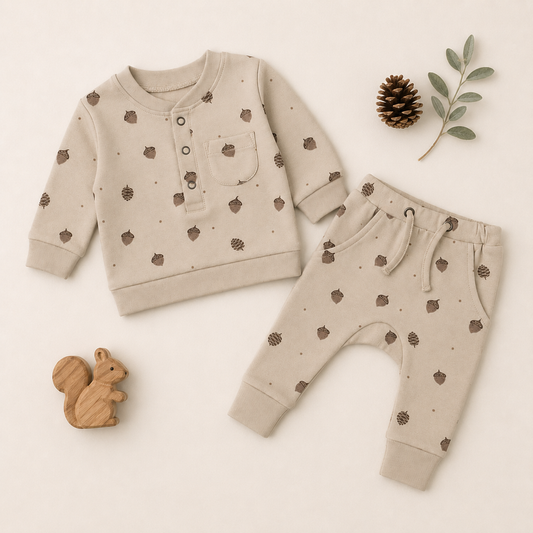 A baby two-piece outfit set consisting of a long-sleeve henley shirt and matching pants, laid flat on a light cream background. The set is beige with a brown acorn and pinecone pattern.