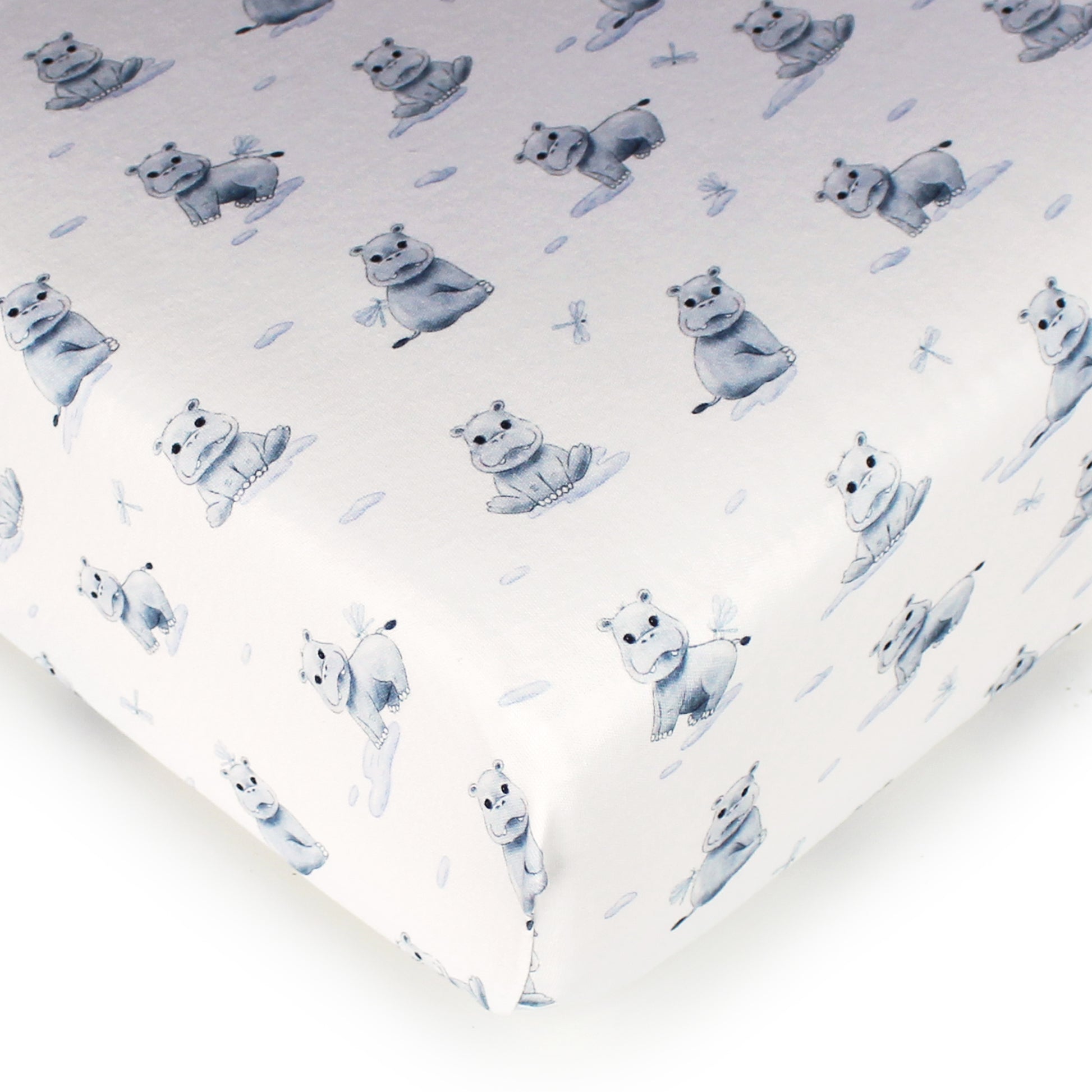 Cute Hippo organic cotton crib sheet detail
