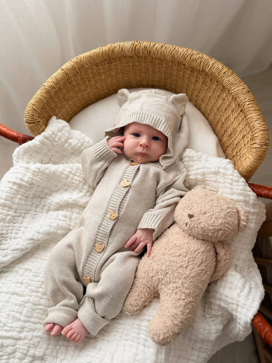 Organic Baby Clothes Bundle - Bear Jumpsuit & Pacifier Clips Gift Set for Newborns