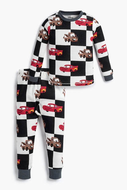 Children's pajama set with checkered pattern and car designs on a white background