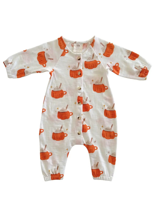 Organic Cotton Pumpkin Mug Baby Jumpsuit | Cozy Fall Baby Romper