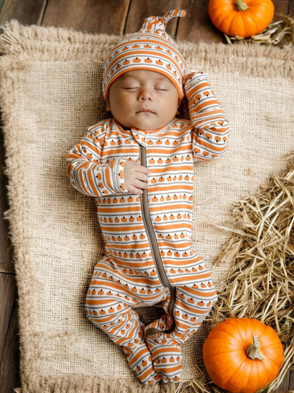 Organic Pumpkin Stripe Baby Zip Footie Pajamas | Fall Baby Outfit