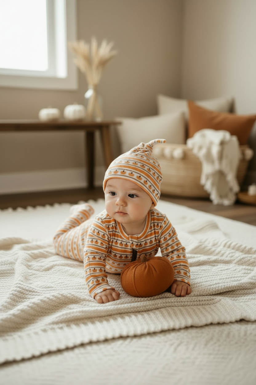 Organic Pumpkin Stripe Baby Zip Footie - Side Gaze