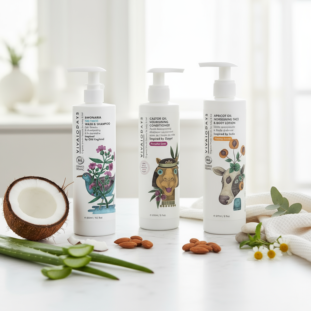 Product photo with Castor Oil Conditioner, No-Tears Baby Wash & Shampoo, and Organic Apricot Oil Lotion