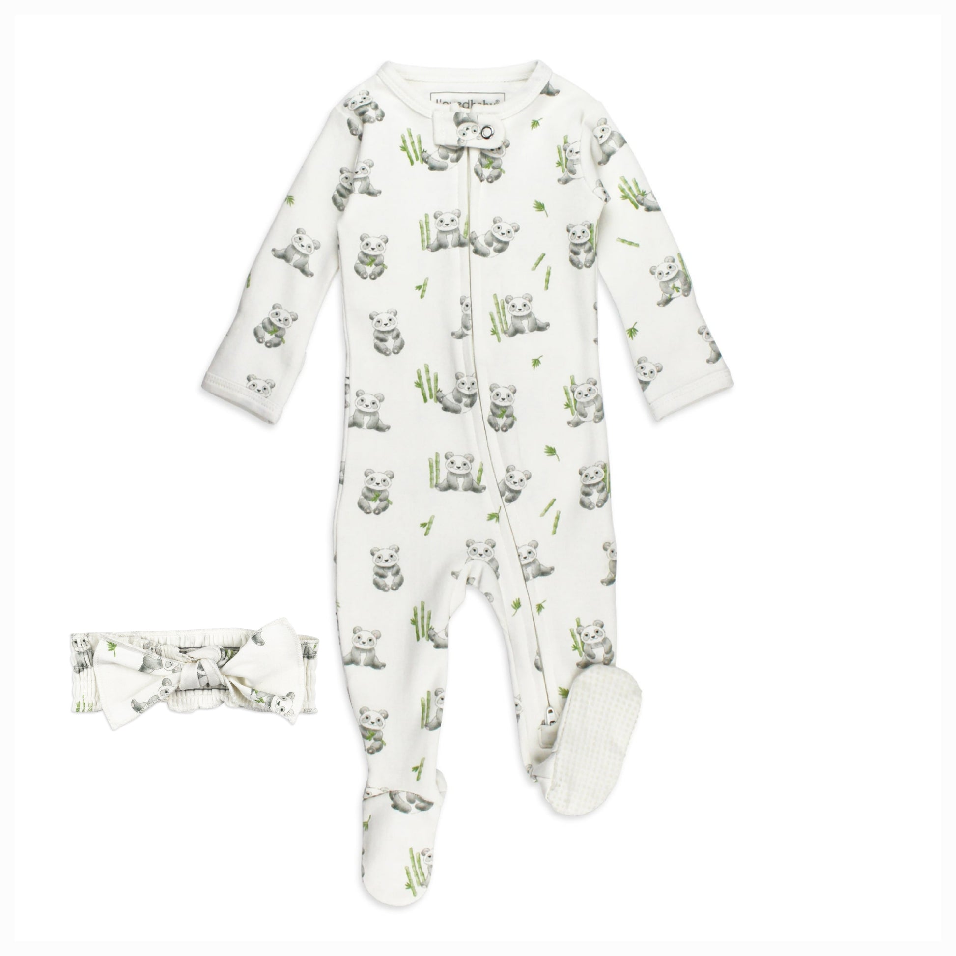 organic baby panda footie pajamas and matching headband gift set